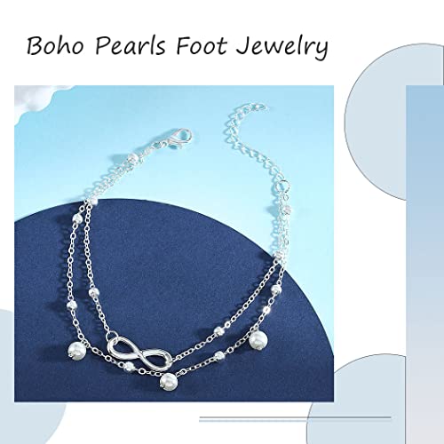 Zoestar Boho Double Anklet Silver Pearl Ankle Bracelet Beads Chain Forever  Foot Jewelry for Women and Girls
